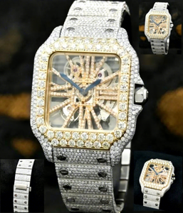 Montre automatique mécanique en acier inoxydable avec cadran en verre carré, testée au diamant, VVS Moissanite, entièrement sertie de diamants - Product Image 1