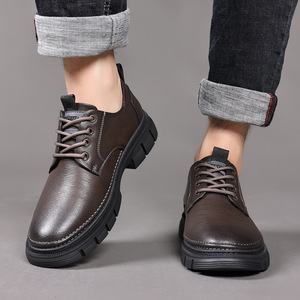 Men's <b>Leather</b> Casual Shoes Brown Lace-Up Low-Top <b>Work</b> <b>Boots</b> For Leisure Wear - Product Image 1