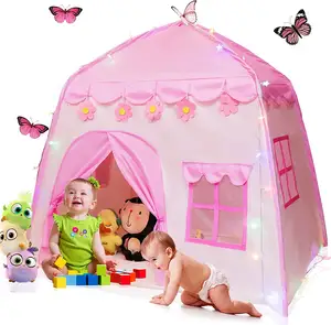 420D rumah mainan anak bunga kain Oxford dengan lampu bintang besar tenda anak untuk anak laki-laki & perempuan, dalam ruangan & luar ruangan, tenda anak perempuan merah muda