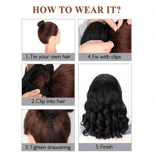 Extensions de <span class=keywords><strong>cheveux</strong></span> synthétiques noirs 1B de 16 pouces, fibre haute température, queue de cheval légèrement bouclée et rebondissante pour femmes, <span class=keywords><strong>avec</strong></span> cordon <span class=keywords><strong>élastique</strong></span> - Product Image 4