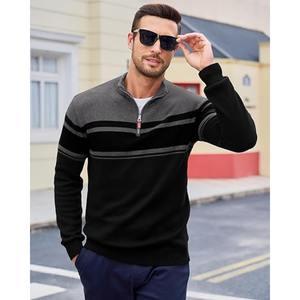 Pull à col montant mi-zippé pour homme, tricot chaud d'hiver, design rayé |   Haut décontracté pour homme pour temps froid - Product Image 2