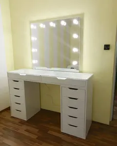 Conjunto de móveis para quarto e casa, penteadeira de madeira moderna com espelho e gavetas, penteadeira de vidro para maquiagem em LED, novidade em oferta