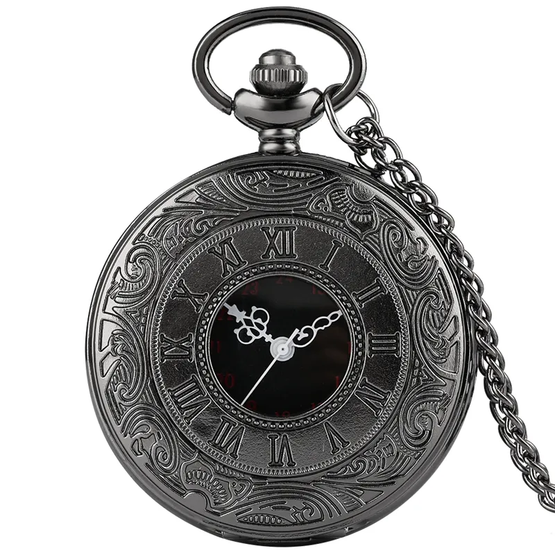 PK1 Black Roman Numerals Quartz Pocket Watch Men Women Black Hollow Case Steampunk Vintage Pendant Necklace Watch