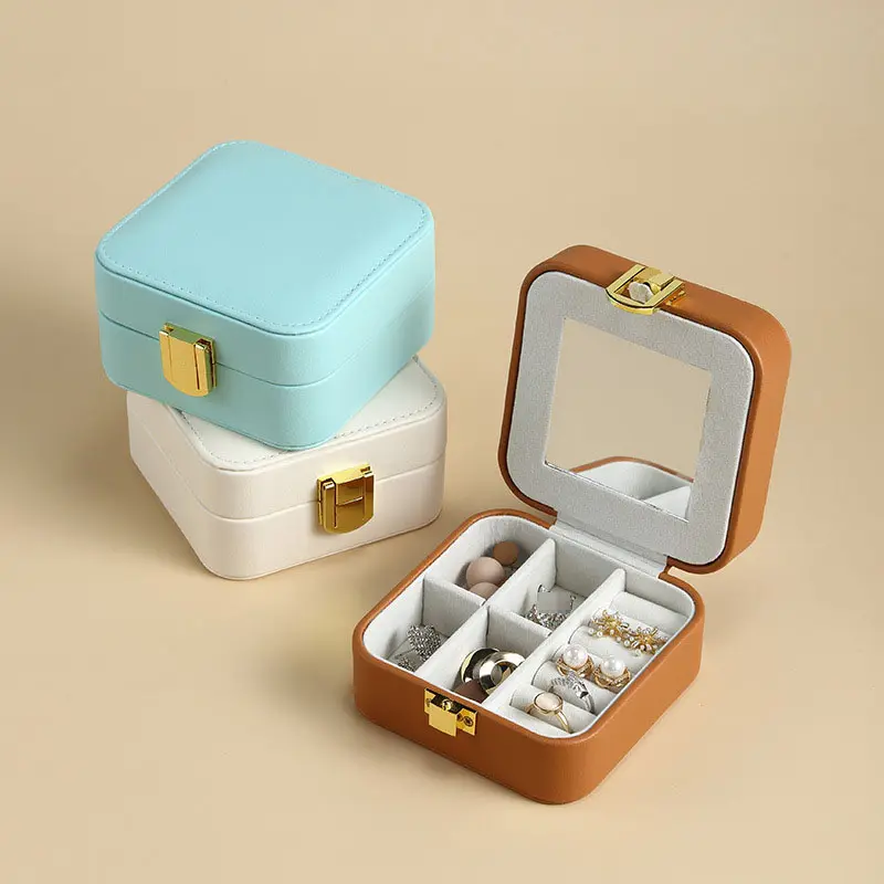 Cute Small Pu Leather Jewelry Box with Mirror Gold Buckle Portable Mini Travel Case for Girls Ring Earring Storage Organizer