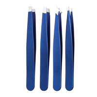 4 Uds pinzas de extensión de pestañas de acero inoxidable azul OEM juego de pinzas de cejas de precisión de cabeza plana puntiaguda inclinada