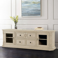 Buffet d'appoint blanc antique de style provincial français, 4 tiroirs, portes vitrées, console multimédia en bois sculpté à la main pour salon
