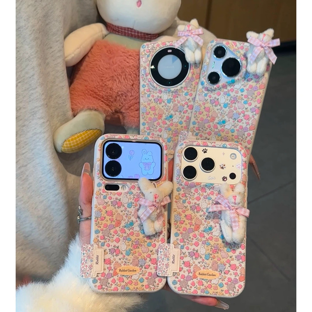 For iPhone 18 Pro Max New Cute Winter Floral Plush Rabbit Protective case Suitable for iPhone 17 16 15 14 13 Phone Case