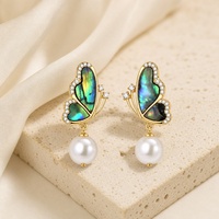 Boucles d'oreilles pendantes papillon en coquille d'ormeau, argent sterling 925 plaqué or 18 carats, perle goutte pavée, bijoux pour femmes, vente en gros