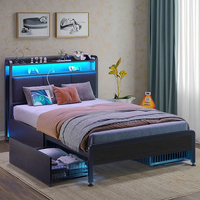 Lit plateforme rembourré de luxe moderne avec éclairage LED, 4 tiroirs avec grand espace de rangement pour un assemblage facile