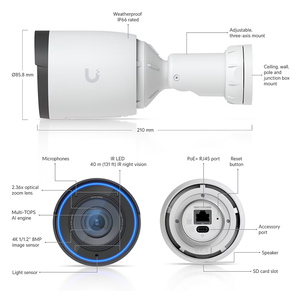 กล้องวงจรปิด Ubiquiti UVC-G6-Pro-Bullet 4K รุ่น Bullet, ซูมออปติคอล 2.36 เท่า, ระบบตรวจจับใบหน้าด้วย AI, มาตรฐานกันน้ำ IP66, รองรับ PoE+, ระบบ UniFi Protect, UBNT W1253 - Product Image 3