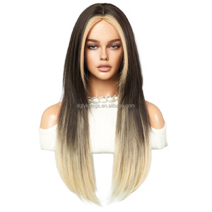 WH24 parrucca da <span class=keywords><strong>donna</strong></span> lunga e dritta parte centrale bionda con Highlight a strati aspetto naturale capelli sintetici realistici - Product Image 2