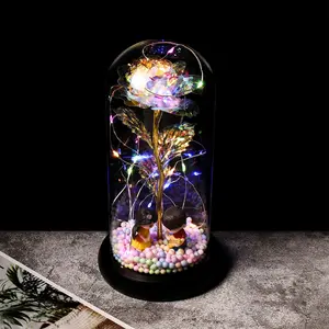 Mother's Day Gift Artificial Decorative Flower Galaxy Rose 24 K Golden Foil Rose In Glass Dome LED For In Valentine's Day Gift