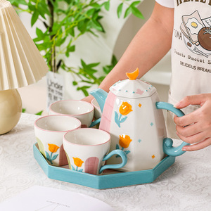 Cute Porcelain <b>Tea</b> <b>Pot</b> <b>Set</b> Hand Printed Flower Teapot and 4 Cups <b>Set</b> for <b>Tea</b> Party - Product Image 5