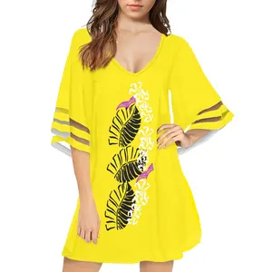Vestido corto de gasa con escote en V personalizado para mujer, vestido informal de media manga, talla grande, estampado Floral polinesiano, para playa