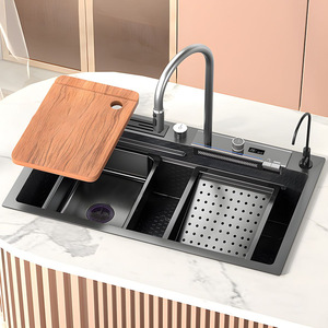 Digital Intelligent Modern Design <strong>Kitchen</strong> Sink Double Waterfall Stainless Steel Bowl <strong>Apron</strong> Front Workstation Faucet Soap - Product Image 6