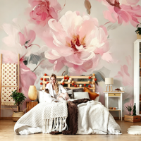Papier peint mural personnalisé à motifs floraux roses, papier peint floral autocollant à motifs de pivoines en aquarelle pour chambre à coucher, salon