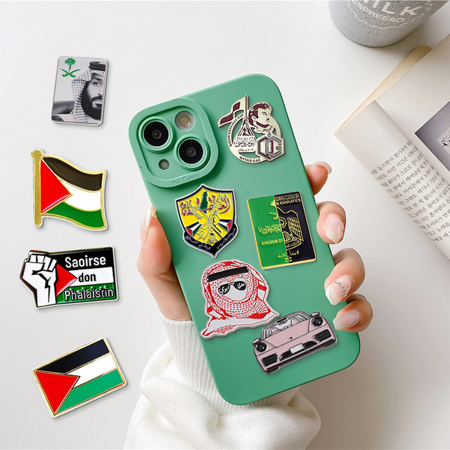 Custom Phone Sticker Metal Enamel Zinc Alloy Uae Oman Saudi Kuwait Mobile Phone Sticker Pin Badge for Cell Phone Case