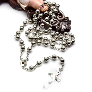 Collier chapelet en argent tibétain, perles rondes de 8 mm, pendentif croix, bijoux unisexes pour hommes et femmes - Product Image 1