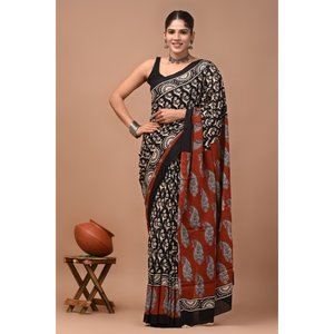 Sari de Algodón Mulmul Estampado con Blusa a Juego, Sari de Algodón Mulmul Ligero y Elegante - Cómodo para Uso Diario - Product Image 3