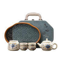 Service à thé de voyage en céramique beige à motif de lotus en spirale - Portable pour la voiture, la maison et le camping ; Cadeau de luxe rétro minimaliste
