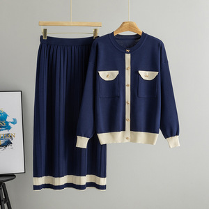 Ensemble deux pièces en tricot anti-rides de style coréen pour l'automne et l'hiver, jupe mi-longue plissée, ample, élégante, avec poches, pour femmes, 0942 - Product Image 3