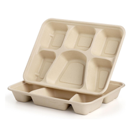 Assiette jetable biodégradable à 5 compartiments sans PFAS en pulpe de bagasse de canne à sucre, 100 % compostable, pour le transport scolaire