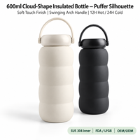 Bouteille d'eau isotherme anti-fuite de 600 ml, design Puffer, finition douce au toucher, poignée arquée pivotante, double paroi en acier inoxydable
