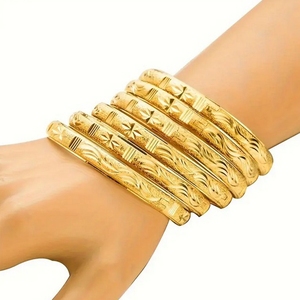 Dubai-Style Classic Carved Yellow Gold-Plated <strong>Copper</strong> <strong>Bracelet</strong> Perfect Wedding Gift for Middle Eastern Brides Fashionable Bangles - Product Image 4