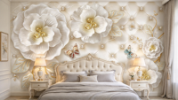 Papier peint floral 3D blanc, papier peint mural en perles et diamants, papier peint mural personnalisé avec des fleurs pour le salon, la chambre à coucher, la décoration de la maison