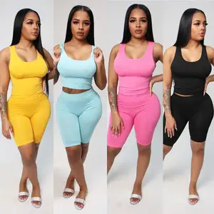 Summer Woman Solid Workout Outfits Vest And Shorts Women's Sets Tight Fit Tank Top Two Piece Short Set For Women 2024