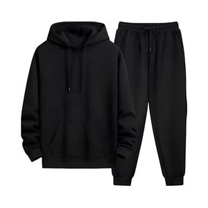 Ensemble de survêtement unisexe noir avec sweat à capuche et pantalon de jogging, décontracté, couleur unie, 100 % coton respirant, avec cordon de serrage - Product Image 1