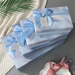 Boîte cadeau en papier d'art bleu mat sur mesure avec nœud, forme rectangulaire, couvercle et base, ruban, étiquette cadeau pour emballage cosmétique, anniversaire - Product Image 2