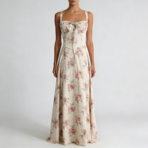 <span class=keywords><strong>Vestido</strong></span> Maxi Floral Personalizado para Mujer, Cuello Cuadrado, Tirantes Finos, Lazo Delantero, Cintura Alta, <span class=keywords><strong>Vestido</strong></span> Largo, Estilo Elegante, Ropa para Invitadas <span class=keywords><strong>de</strong></span> <span class=keywords><strong>Boda</strong></span> - Product Image 1