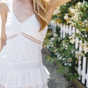 Manufacturer-designed stylish <b>white</b> openwork halter mini <b>dress</b> custom 100% silk embroidery <b>dress</b> - Product Image 4