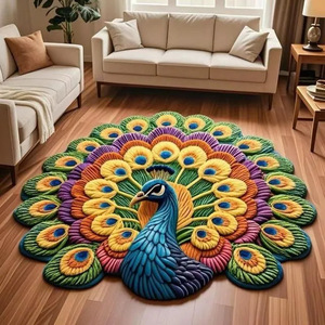 Tapis en velours cristal en forme de paon, effet visuel 3D, tapis décoratif à imprimé animalier pour la maison, le salon, le canapé, la table basse - Product Image 2