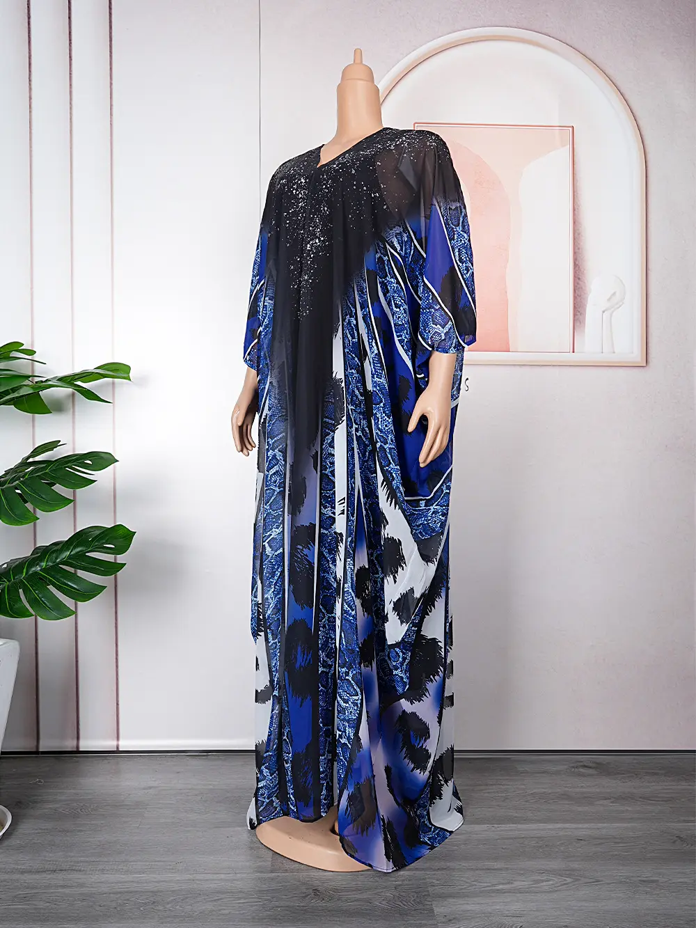 African Ethnic Women Printed Chiffon Dress Caftan Vacation Long Dress Kimono Sleeve Plus Size Beach Maxi Dresses