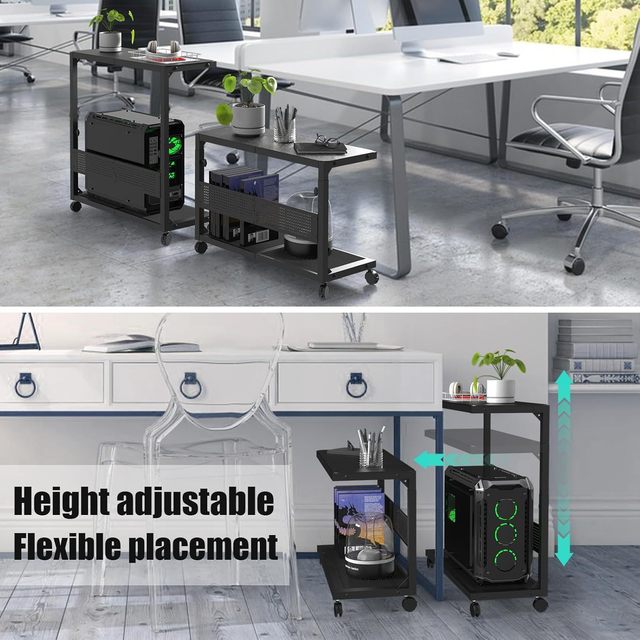 Computer tower stand, height adjustable, printer stand with wheels, pegboard game PC stand, mouse pad accessory.