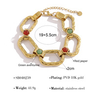 Bracelet pour femme en acier inoxydable massif avec pierres naturelles colorées, chaîne trombone plaqué or, vente en gros