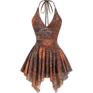 Vestido Halter Bohemio para Mujer con Estampado Paisley, de Gasa, Cintura Imperio, Silueta Asimétrica, Transpirable, Mini Vestido Fluido para Fiesta - Product Image 1