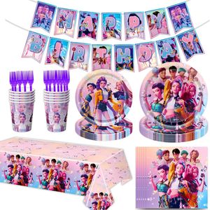 Pack per Feste K-POP a Tema Gruppo Femminile di Cacciatrici di Demoni Cartone Animato Decorazioni di Compleanno Striscione HBD Piatti di Carta Tema Anime per Halloween e Pasqua - Product Image 2