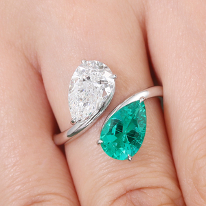 Personalized Double Stone <b>Ring</b> real 18k 14k 10k white gold <b>ring</b> 1ct Pear lab diamond <b>ring</b> holiday gift 1ct lab emerald Girl <b>ring</b> - Product Image 3