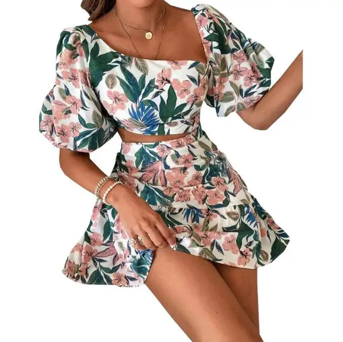 Zomer Nieuwe Vrouwen Kleding Grote Maat Bloemen Korte Mouwen Tweedelige Pak Jurk Is Nog Steeds Casual Sexy vrouwen Shirt