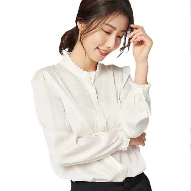 Spring and autumn ruffle stand collar shirt silk pure color long sleeve blouse elegant for women