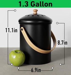 Kitchen Counter <strong>Compost</strong> Bin Black Standing Storage Bucket <strong>Wood</strong> Handles Double-Layered Charcoal Filters - Product Image 2