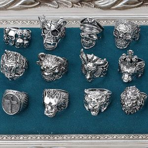 합금 해골 사자 늑대 호랑이 황소 유령 머리 빈티지 힙합 유니섹스 조합 반지 세트 - Product Image 3