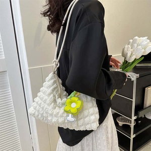 <b>White</b> Quilted Nylon Shoulder <b>Bag</b> Lichee Pattern Zipper Closure Fashion Women's Daily Use Travel <b>Bag</b> - Product Image 2