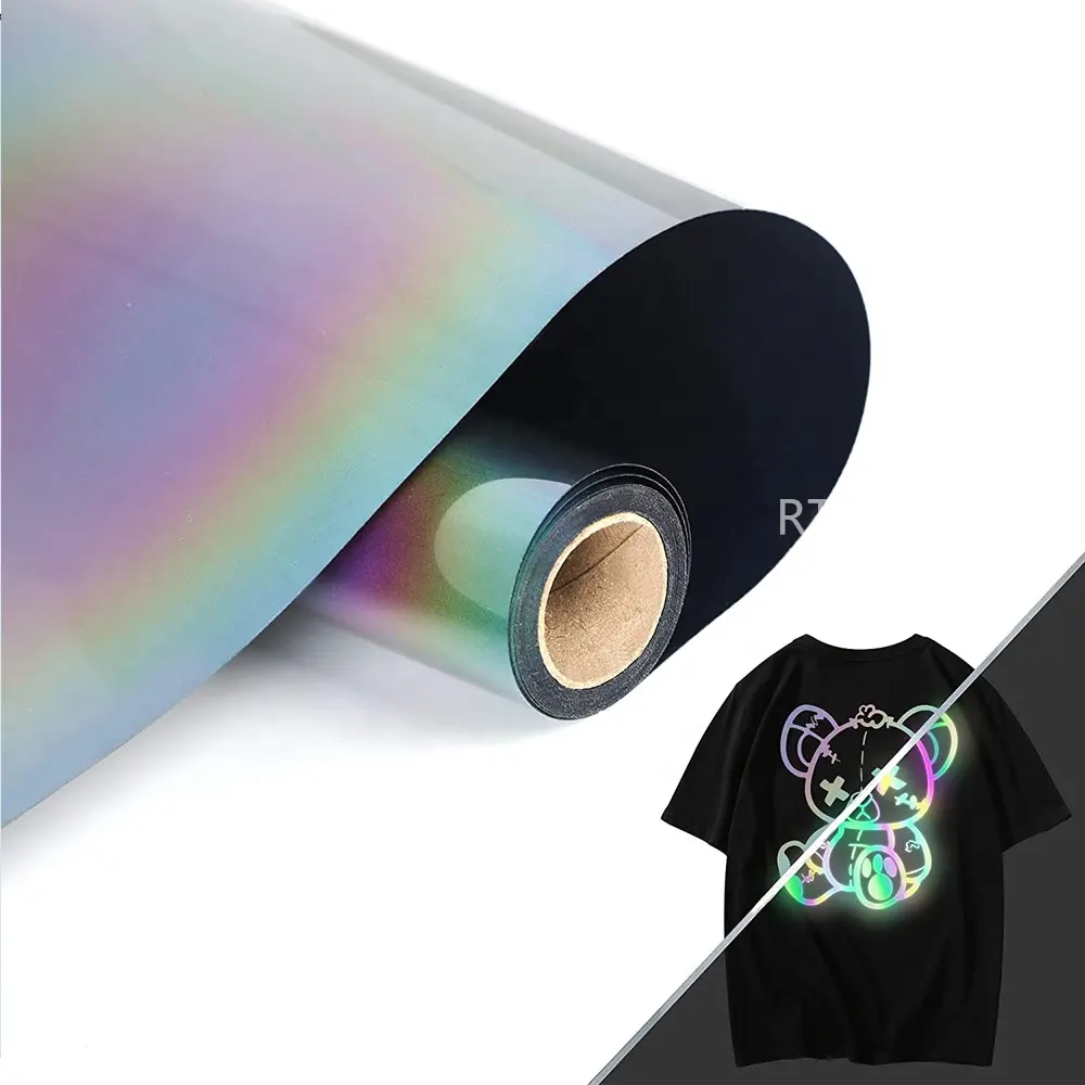 Camiseta colorida de arco-íris refletiva, transferência de calor refletiva para roupas em vinil, cor prata e cinza