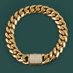 Pulseras de Eslabones Cubanos de Acero Inoxidable, Joyería Estilo Miami, Chapado al Vacío PVD en Oro de 18K, Botón con Diamantes de Circonita - Product Image 1