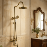Colonne de douche murale classique européenne en laiton antique avec fonction pluie et poignée en céramique pour hôtel de luxe