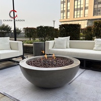 Table de feu au gaz naturel en ciment moderne CHARM GARDEN - Brasero extérieur portable haute puissance, aspect veiné de bois, finition polie, 65000 BTU